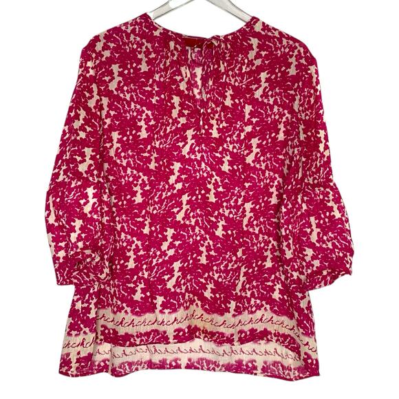 Carolina Herrera 12 Linen Silk Fuchsia Pink Floral Tunic Top Tie Neck - Picture 1 of 8